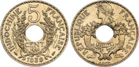 French Indochina 5 Centimes 1939
KM# 18.1a, Schön# 17a, N# 22677; Nickel-brass; Paris Mint; UNC