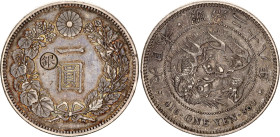 Japan 1 Yen 1895 (28) with Countermark
Y# 28a.2, N# 5505; Countermarked left, Type II; Silver; Mutsuhito; Gin Countermark; Osaka Mint; XF
