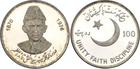 Pakistan 100 Rupees 1976
KM# 41, N# 47610; Silver., Proof; 100th Birthday of Mohammad Ali Jinnah; Mintage 2800 pcs; With minor hairlines