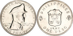 Philippines 1 Peso 1947 San Francisco
KM# 185, Schön# 23, N# 12756; Silver; Liberation of the Philippines from the Japanese by Gen. Douglas MacArthur...