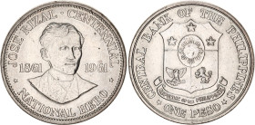 Philippines 1 Peso 1961 Philadelphia
KM# 192, Schön# 30, N# 27450; Silver; 100th Anniversary Birth of Dr. Jose Rizal; mintage 100000 pcs; AUNC