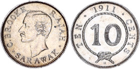 Sarawak 10 Cents 1911 H Birmingham
KM# 9, Schön# 3, Y# 10, N# 15546; Silver; Charles Brooke (1868-1917); mint luster; golden patina; AUNC