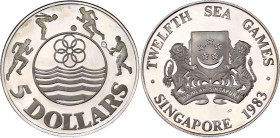 Singapore 5 Dollars 1983
KM# 25a, N# 129456; Silver., Proof; 12th SEA Games; AUNC with hairlines and fingers tiles