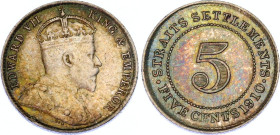 Straits Settlements 5 Cents 1910 B
KM# 20a, N# 12771; Silver; Edward VII; AUNC/UNC with minor hairlines.