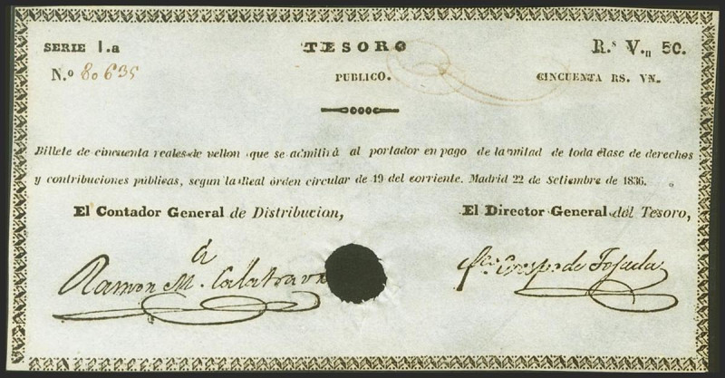 50 Reales de Vellón. 22 de Septiembre de 1836. Tesoro Público. Serie 1ª, con num...