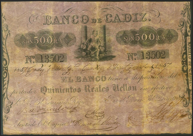 500 Reales. 1 de Agosto de 1857. Emisión I. (Edifil 2021: 72). Habituales erosio...