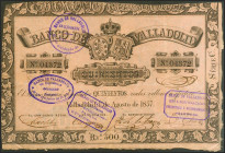 500 Reales de Vellón. 1 de Agosto de 1857. Banco de Valladolid. Serie C. (Edifil 2021: 133). Muy raro. MBC+.