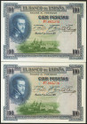 Conjunto de 2 billetes de 100 Pesetas emitidos el 1 de Julio de 1925 con la serie F (Edifil 2021: 350), conservando todo su apresto original. SC.