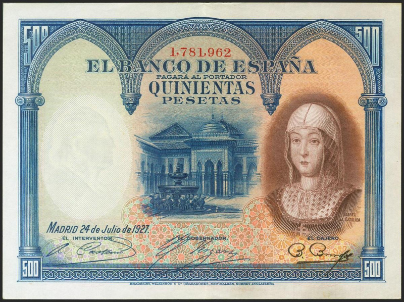 500 Pesetas. 24 de Julio de 1927. Sin serie y numeración posterior 1602000. (Edi...