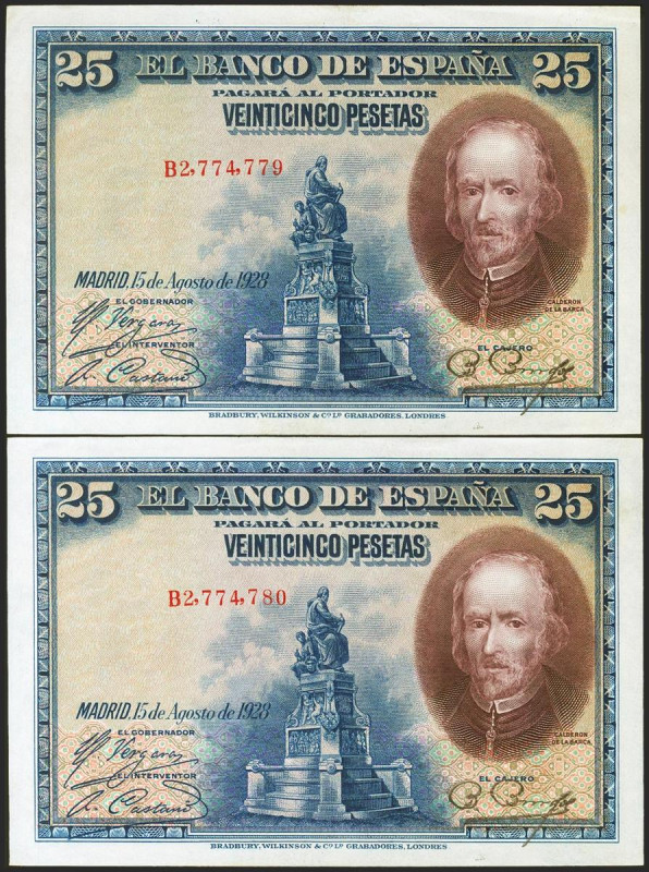 25 Pesetas. 15 de Agosto de 1928. Pareja correlativa. Serie B. (Edifil 2021: 353...