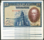 Precioso conjunto de 8 billetes correlativos de 25 Pesetas emitidos el 15 de Agosto de 1928 con la serie B (Edifil 2021: 353), conservando todo su apr...