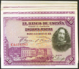 Conjunto de 10 billetes mayoritariamente correlativos y en diferentes tramos de 50 Pesetas emitidos el 15 de Agosto de 1928 y con la serie C (Edifil 2...