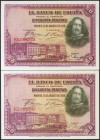 Conjunto de 2 billetes de 50 Pesetas emitidos el 15 de Agosto de 1928 con la serie E (Edifil 2021: 354), conserva su apresto original. SC.
