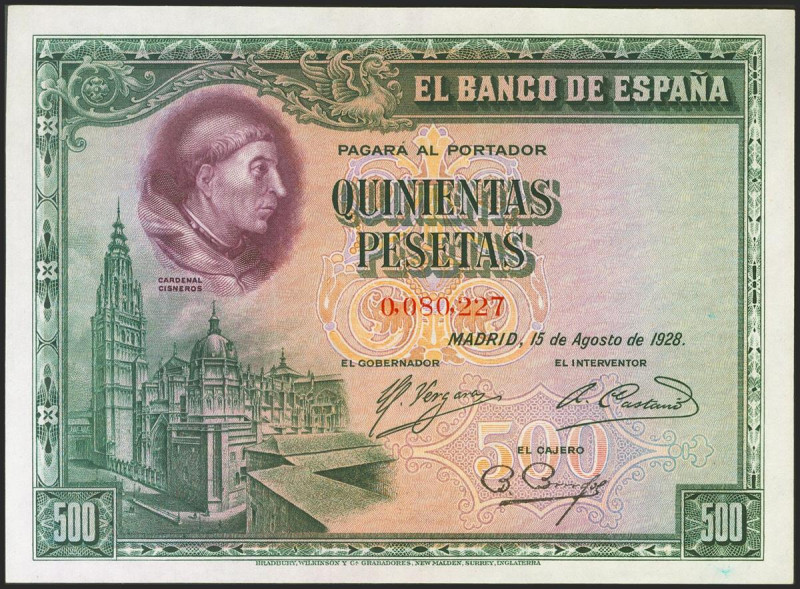 500 Pesetas. 15 de Agosto de 1928. Sin serie y con numeración baja. (Edifil 2021...