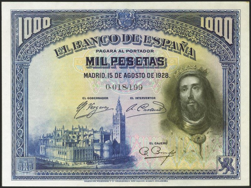 1000 Pesetas. 15 de Agosto de 1928. Sin serie, numeración baja. (Edifil 2021: 35...