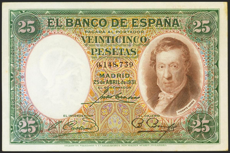 25 Pesetas. 25 de Abril de 1931. Sin serie. (Edifil 2021: 358). Apresto original...