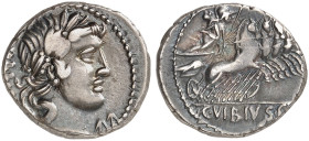 RÖMISCHE MÜNZEN. RÖMISCHE REPUBLIK. C. Vibius Pansa. 
Denar, 90 v. Chr. Apollokopf / Minerva in Quadriga.
Cr. 342/5b; S. 684 3,90 g ss