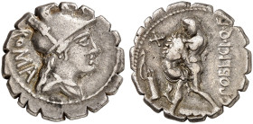 RÖMISCHE MÜNZEN. RÖMISCHE REPUBLIK. C. Poblicius. 
Denar, 80 v. Chr. (Serratus). Romakopf mit Federhelm / Hercules kämpft mit dem nemeischen Löwen.
...