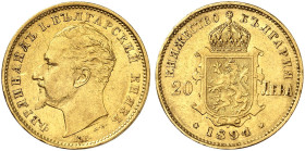 EUROPA. BULGARIEN. Ferdinand I., 1887-1918. 
20 Lewa 1894, Kremnitz.
Friedb. 3, Schlumb. 2 Gold f. vz