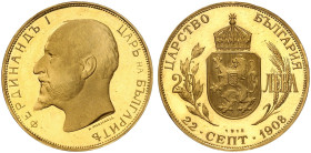 EUROPA. BULGARIEN. Ferdinand I., 1887-1918. 
20 Lewa 1912, Sofia, offizielle Nachprägung (1967/1968), auf die Unabhängigkeitserklärung 1908 und das 2...