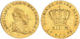 EUROPA. DÄNEMARK. Christian VII., 1766-1808. 
12 Mark 1785, Altona.
Friedb. 281, Hede 4 D, Schlumb. 8 Gold vz