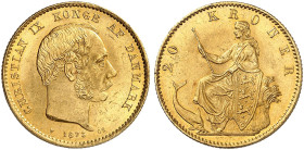 EUROPA. DÄNEMARK. Christian IX., 1863-1906. 
20 Kroner 1873.
Friedb. 295, Hede 8 A, Schlumb. 63 Gold winz. Rdf., vz - prfr