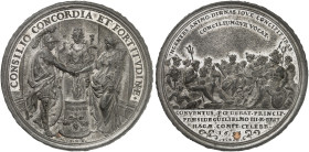 EUROPA. ENGLAND. William and Mary, 1688-1694. 
Zinnmedaille 1691 (von P. H. Müller, 50,1 mm), auf den Fürstenkongreß in Den Haag. Tapferkeit, Eintrac...