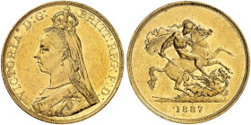 EUROPA. ENGLAND. Victoria, 1837-1901. 
5 Pounds 1887.
Friedb. 390, S. 3864, Schlumb. 339 Gold kl. Rdf., f. vz