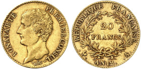 EUROPA. FRANKREICH. - Königreich. Consulat, 1799-1804, Bonaparte Premier Consul, 1801-1804. 
20 Francs AN 12 (1803-1804), A - Paris.
Friedb. 480, Ga...