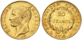 EUROPA. FRANKREICH. - Königreich. Napoléon I., 1804-1814. 
20 Francs AN 13 (1804-1805), A - Paris.
Friedb. 487a, Gad. 1022, Schlumb. 11 Gold kl. Rdf...