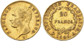 EUROPA. FRANKREICH. - Königreich. Napoléon I., 1804-1814. 
20 Francs à la tête nue 1806, A - Paris.
Friedb. 487a, Gad. 1023, Schlumb. 30 Gold ss