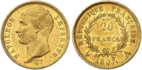 EUROPA. FRANKREICH. - Königreich. Napoléon I., 1804-1814. 
20 Francs à la tête nue 1807, A - Paris.
Friedb. 487a, Gad. 1023a, Schlumb. 31 Gold f. vz...