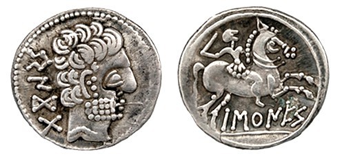 BASKUNES. Denario. A/ Cabeza barbada a der., detrás ley. ibérica: BENKOTA. R/ Ji...