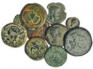 Lote de 11 bronces ibéricos e ibero-romanos: 8 ases y 3 divisores. Bilbilis, Carmo, Cartagonova, Castulo (3), Emerita, Gades (2), Malaca y Ulia. BC+/M...