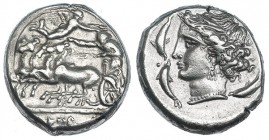 SICILIA. Panormos. Tetradracma (340-320 a.C.). A/ Cuádriga a izq. conducida por auriga y coronada por Nike, en el exergo SVS en púnico. R/ Cabeza de K...