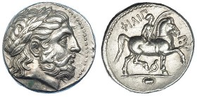 MACEDONIA. Filipo II. Tetradracma (359-336 a.C.). A/ Cabeza laureada de Zeus a der. R/ Jinete desnudo con palma a der.; FILIGG•Y, símbolos encima y de...