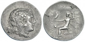 MACEDONIA. Alejandro III. Mesembria. Tetradracma (125-65 a.C.). R/ Zeus sentado con cesto y águila KAL y casco en el campo, HPA en el trono. AR 16,2 g...
