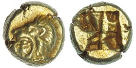 IONIA. Erythrai. Hecte. (550-500 a.C.). A/ Cabeza de Heracles con leonté a izq. R/ Cuatripartito incuso. EL 2,56 g. SNG-Kayhan 737-8. MBC+.