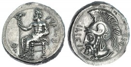 CILICIA. Tarsos. Estátera (379-374 a.C.). A/ Baal de Tasos con cetro, entronizado a izq., ley en arameo. R/ Cabeza barbada con casco y cimera a izq., ...