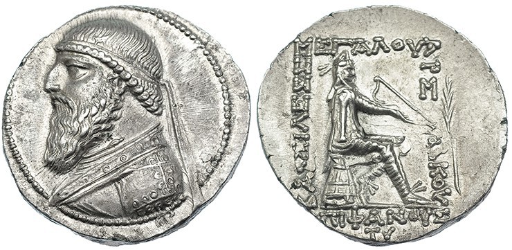 REINO DE PARTIA. Mitridates II. Tetradracma (123-88 a.C.). A/ Busto de Mitridate...