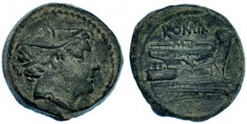 ACUÑACIONES ANÓNIMAS. Semiuncia (217-215 a.C.). A/ Cabeza de Mercurio a der. R/ Proa a der., encima, ROMA. SB-620. Pátina verde. MBC.