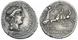 ANNIA. Denario. Hispania (82-81 a.C.). A/ Busto de Annia Perenna, delante balanza, detrás caduceo y debajo, símbolo. R/ Q encima de la cuádriga. FFC-1...
