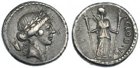 CLAUDIA. Denario. Roma (42 a.C.). R/ P. CLODIVS M. F. FFC-569. SB-15. Dos contramarcas en el anv. MBC.
