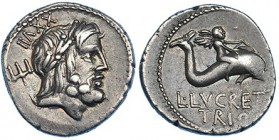 LUCRETIA. Denario. Roma (76 a.C.). A/ Número XXVII. R/ Cupido sobre delfín a der. FFC-824. SB-3. Leves vanos. MBC+.