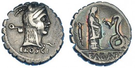 ROSCIA. Denario. Italia central (64 a.C.). A/ Símbolo: llave. R/ Mujer alimentando a serpiente y símbolo en el campo; en el exergo: FABATI. FFC-1090. ...