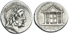 VOLTEIA. Denario. Roma (78 a.C.). R/ Templo tetrástilo de Júpiter, en el exergo: M. VOLTEI M. F. FFC-1234. SB-1. Dos rayitas en el anv. MBC.