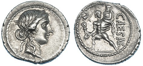 JULIO CÉSAR. Denario. Galia (47-46 a.C.). A/ Cabeza diademada de Venus a der. R/...