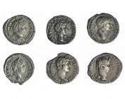 Lote de 6 denarios: Augusto, Nerva, Trajano, Adriano, Septimio Severo y Caracalla. De BC+ a MBC+.