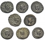 Lote de 8 denarios: Julia Paula, Julia Mamea (2) y Julia Maesa (5). De BC- a MBC.