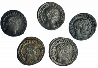 Lote de 5 follis: Diocleciano, Maximiano, Hércules, Constancio Cloro, Galerio Maximino y Maximino II. MBC+.